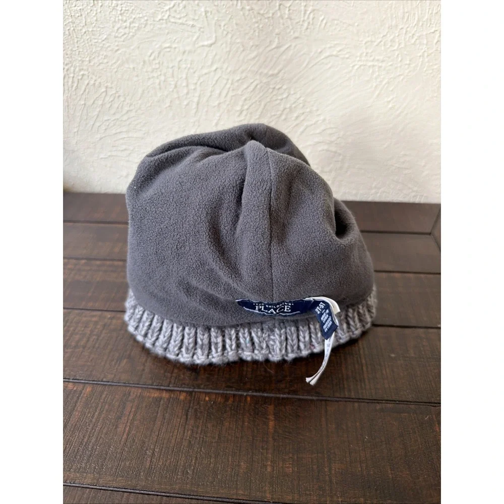 The Children's Place Boys Navy Gray Dinosaur Knit Beanie Hat Pom Pom 2T- 5T